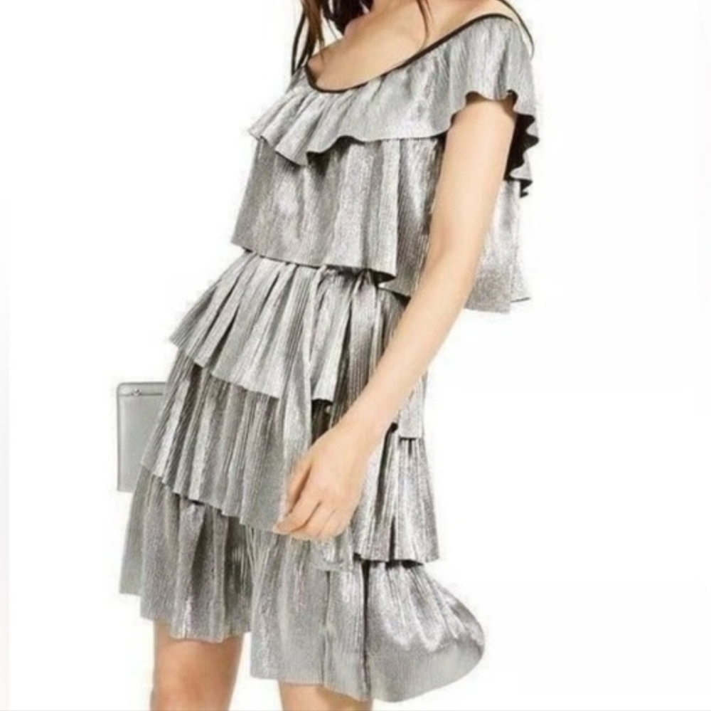 Metallic Ruffle Tiered Off-The-Shoulder Silver Dress